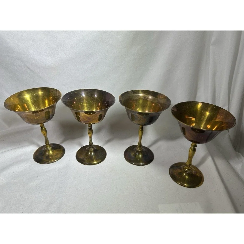 Vintage Brass Goblet Footed Tapered Wine MCM Set of 4 Mid Century 6